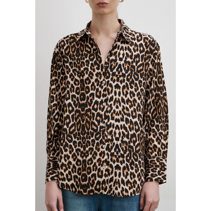 Leopar Desenli Viskon Gömlek Siyah