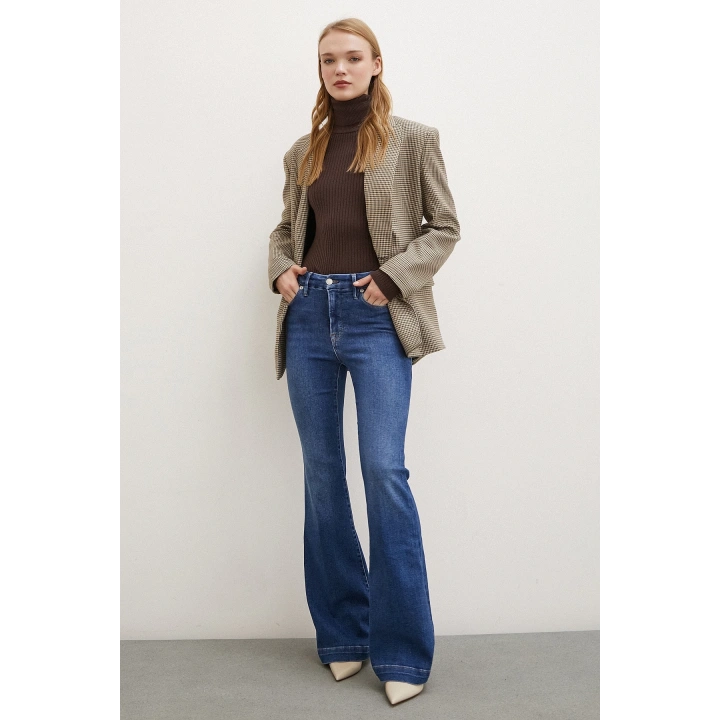 Likralı Flare Jean Mavi