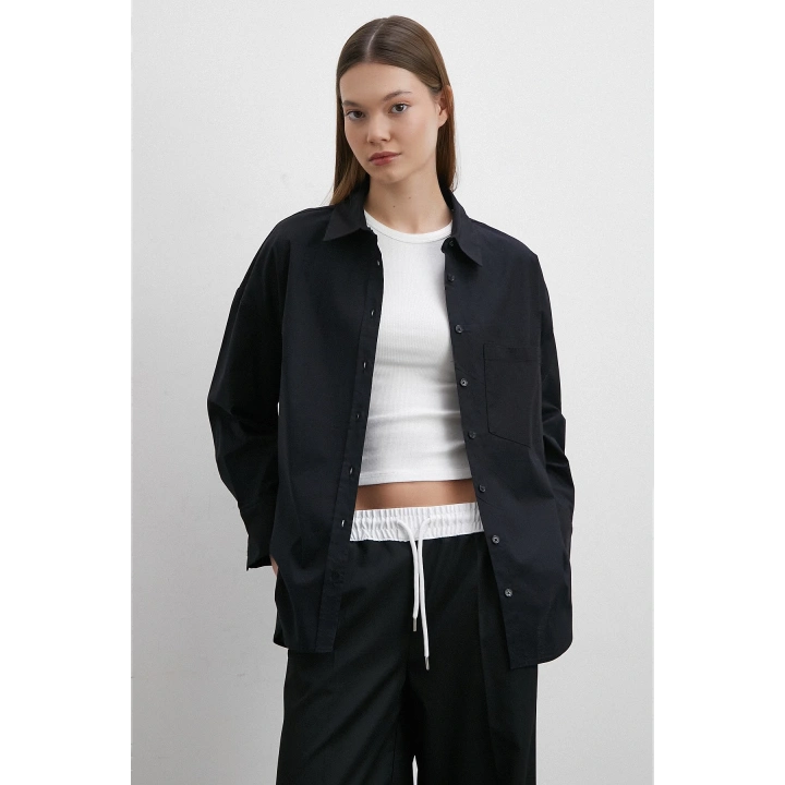 Likralı Poplin Gömlek Siyah