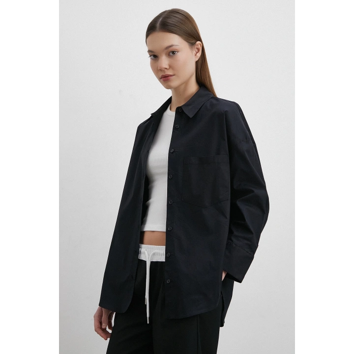 Likralı Poplin Gömlek Siyah