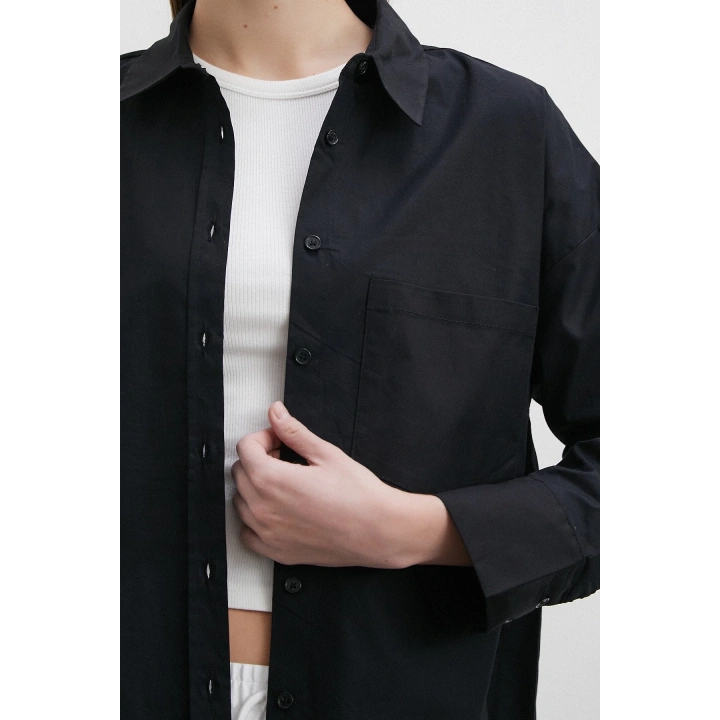 Likralı Poplin Gömlek Siyah