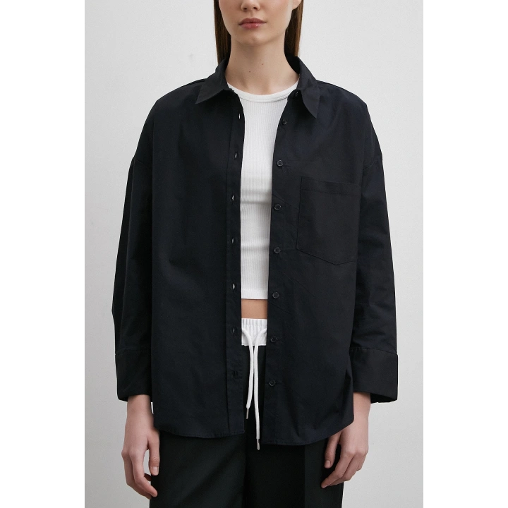 Likralı Poplin Gömlek Siyah