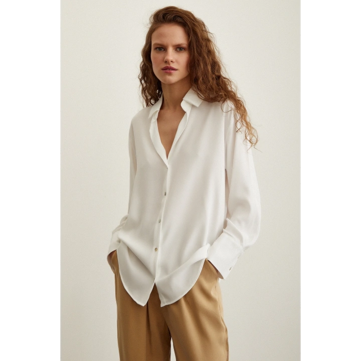 Likralı Saten Gömlek Ekru