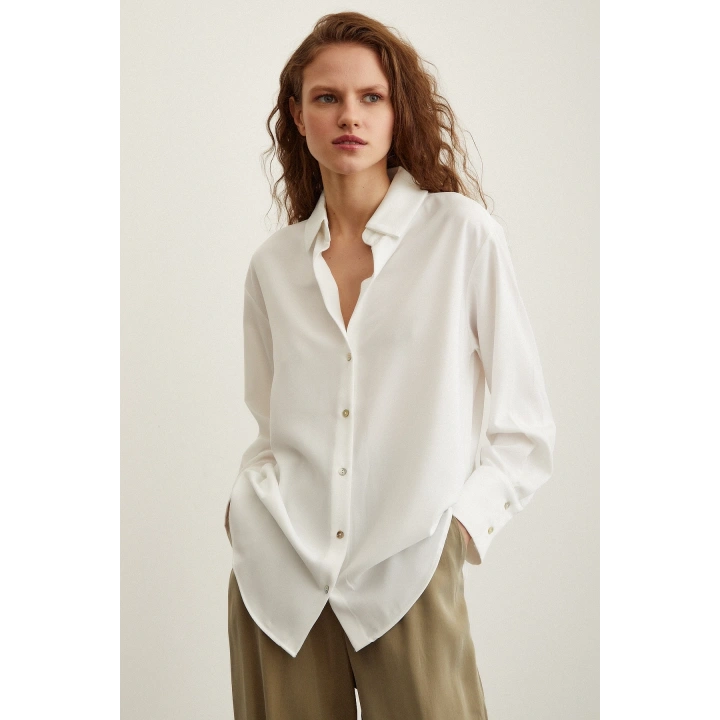 Likralı Saten Gömlek Ekru