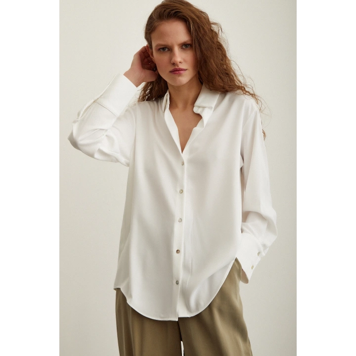 Likralı Saten Gömlek Ekru