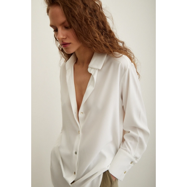 Likralı Saten Gömlek Ekru