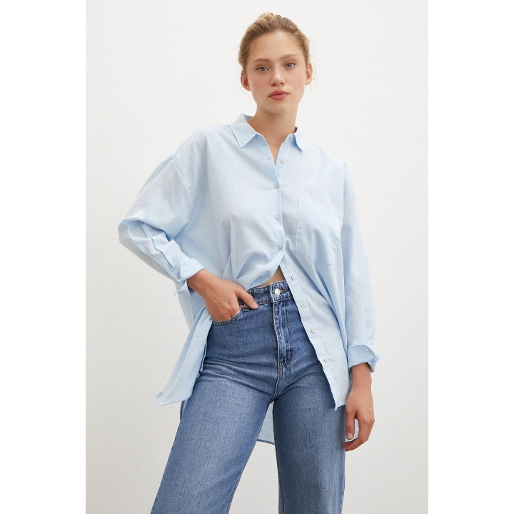 Midi Boy Keten Gömlek Mavi