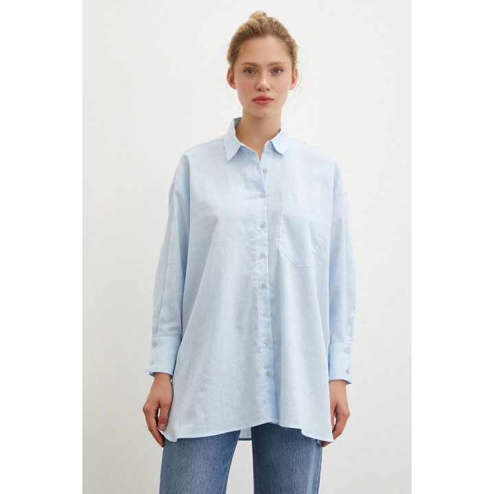 Midi Boy Keten Gömlek Mavi