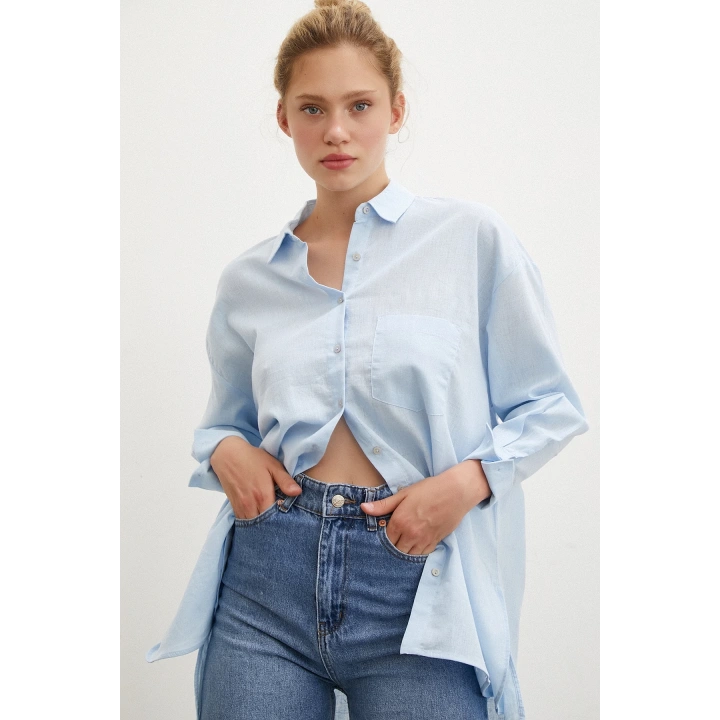 Midi Boy Keten Gömlek Mavi