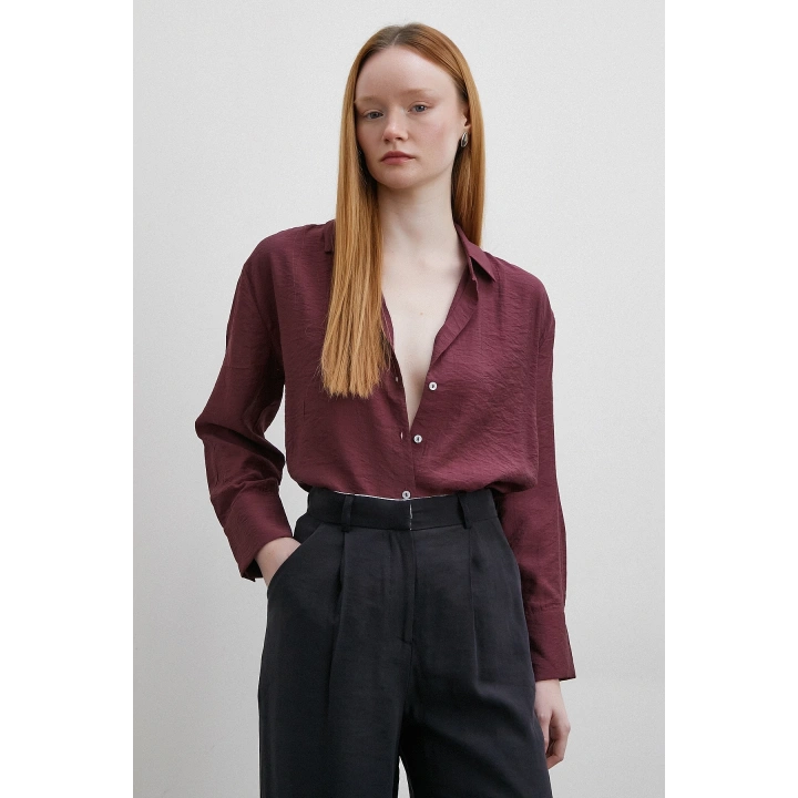 Modal Basic V Yaka Gömlek Bordo