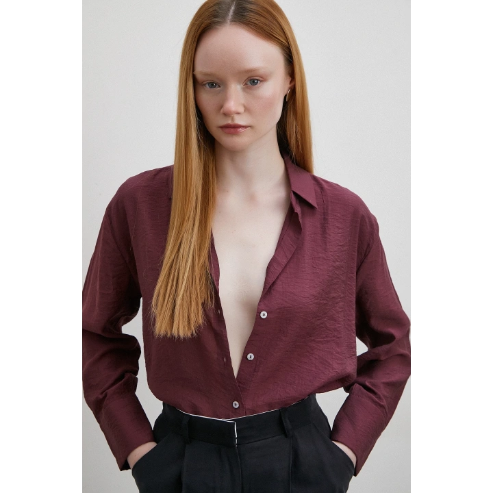 Modal Basic V Yaka Gömlek Bordo