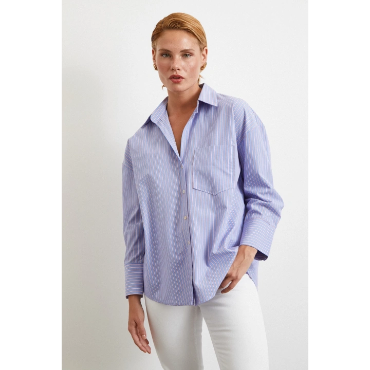 Modal Çizgili Oversize Gömlek Mavi