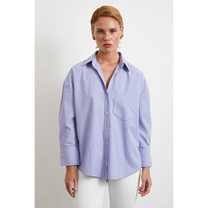 Modal Çizgili Oversize Gömlek Mavi