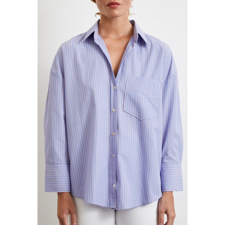 Modal Çizgili Oversize Gömlek Mavi