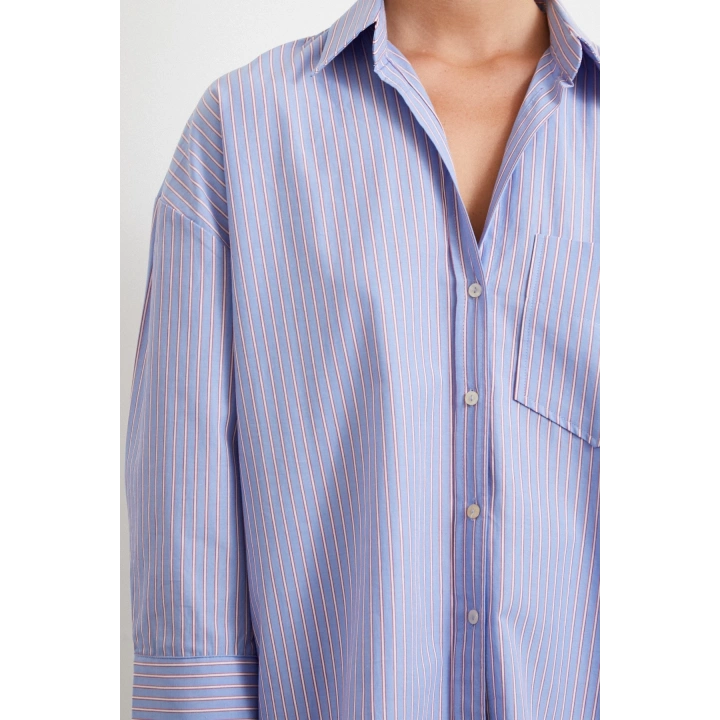 Modal Çizgili Oversize Gömlek Mavi