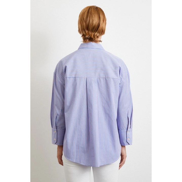 Modal Çizgili Oversize Gömlek Mavi