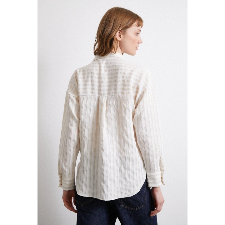 Multi Çizgili Cepli Gömlek Bej