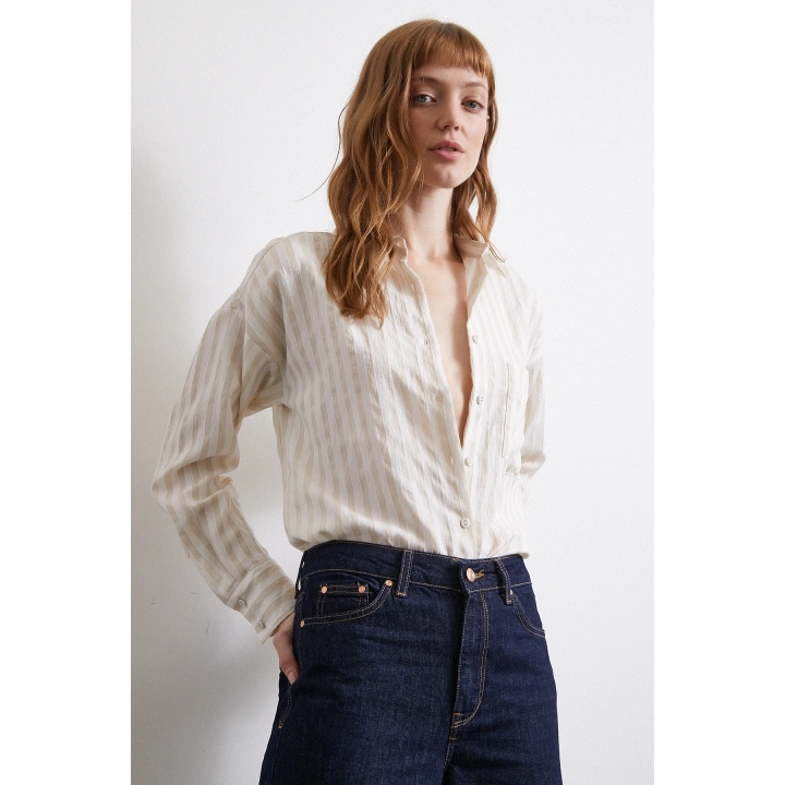 Multi Çizgili Cepli Gömlek Bej