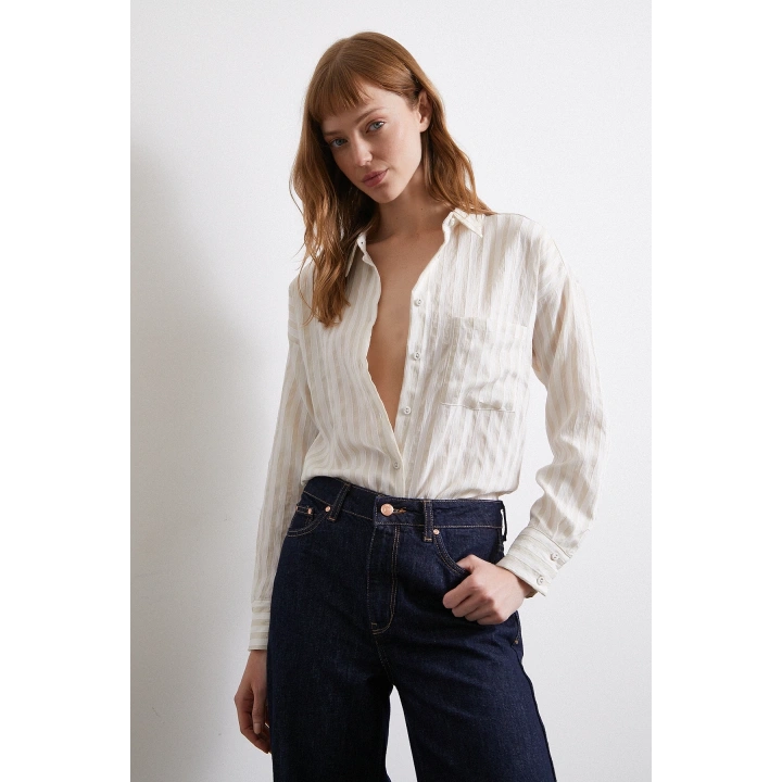 Multi Çizgili Cepli Gömlek Bej