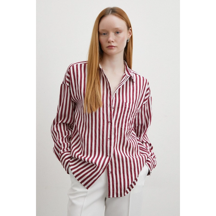 Multi Çizgili Cepli Gömlek Bordo