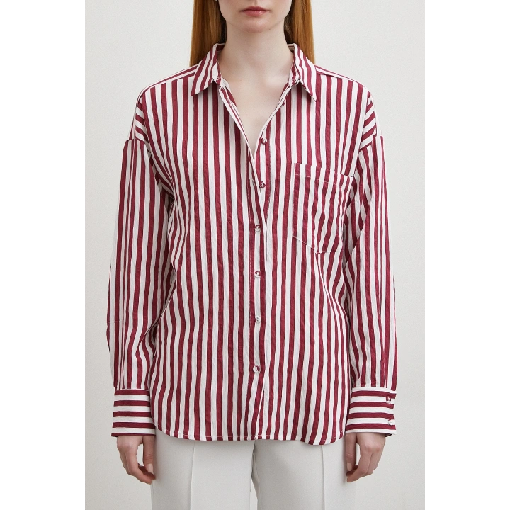 Multi Çizgili Cepli Gömlek Bordo