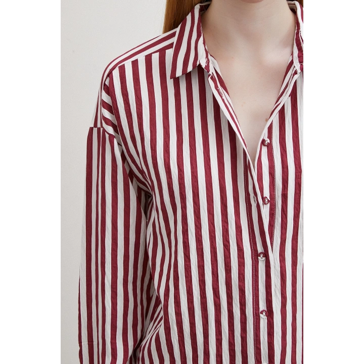 Multi Çizgili Cepli Gömlek Bordo