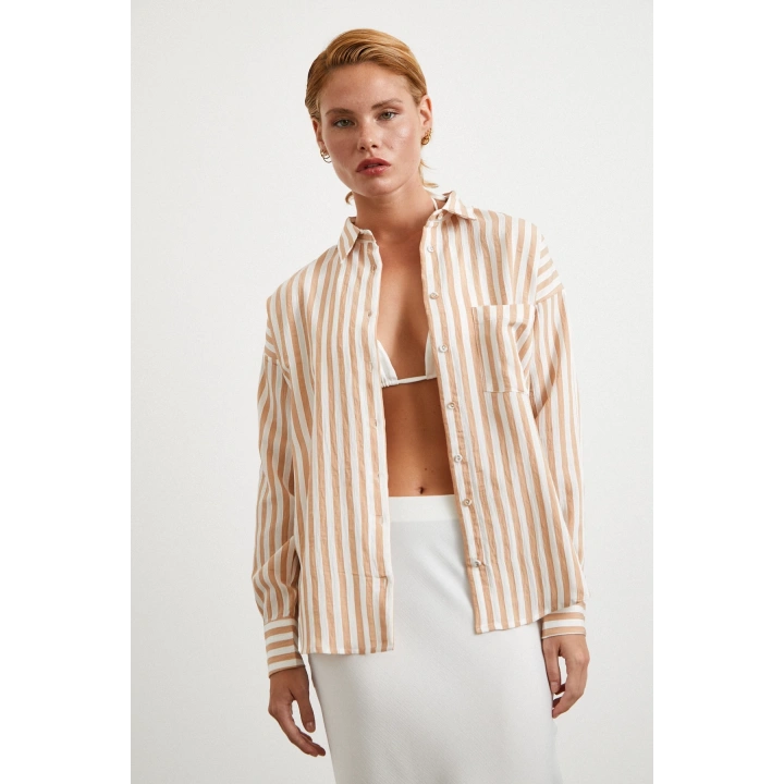 Multi Çizgili Cepli Gömlek Camel