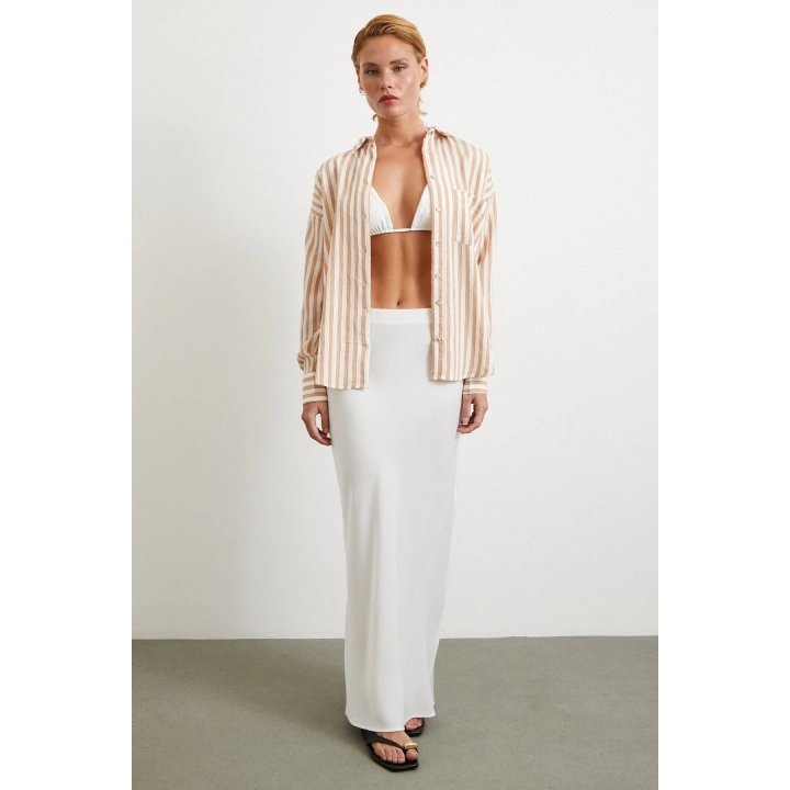 Multi Çizgili Cepli Gömlek Camel