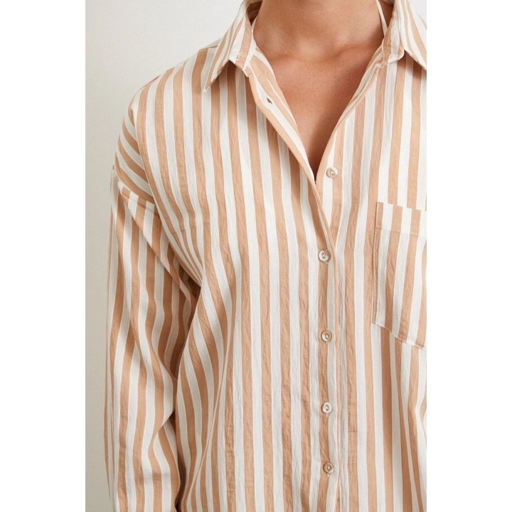 Multi Çizgili Cepli Gömlek Camel