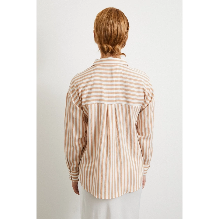 Multi Çizgili Cepli Gömlek Camel