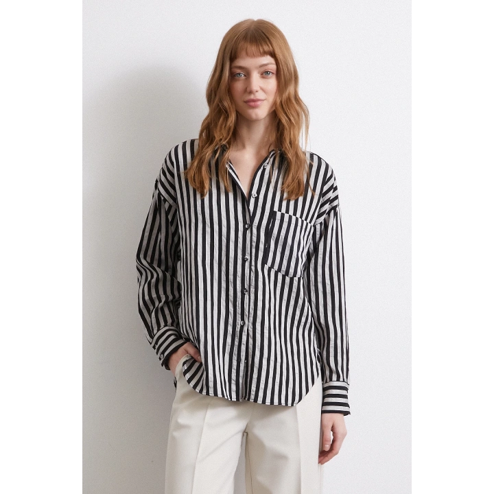 Multi Çizgili Cepli Gömlek Gri