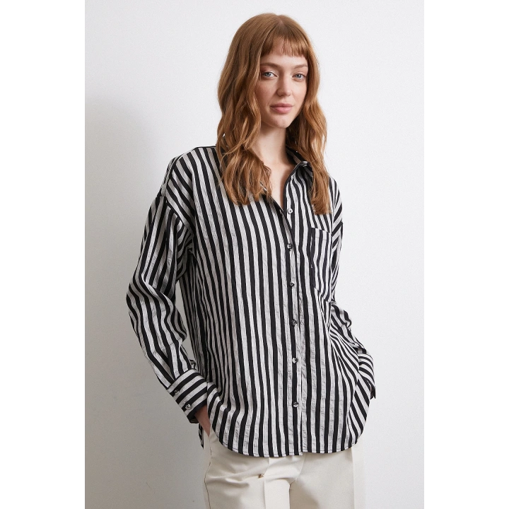 Multi Çizgili Cepli Gömlek Gri