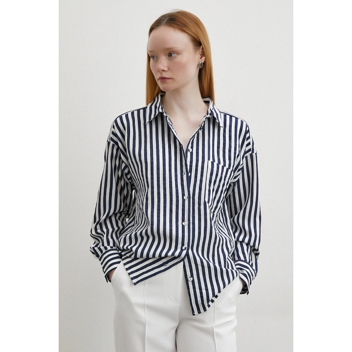 Multi Çizgili Cepli Gömlek Lacivert