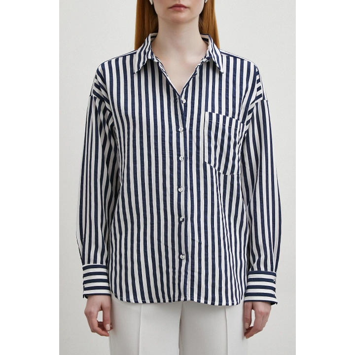Multi Çizgili Cepli Gömlek Lacivert