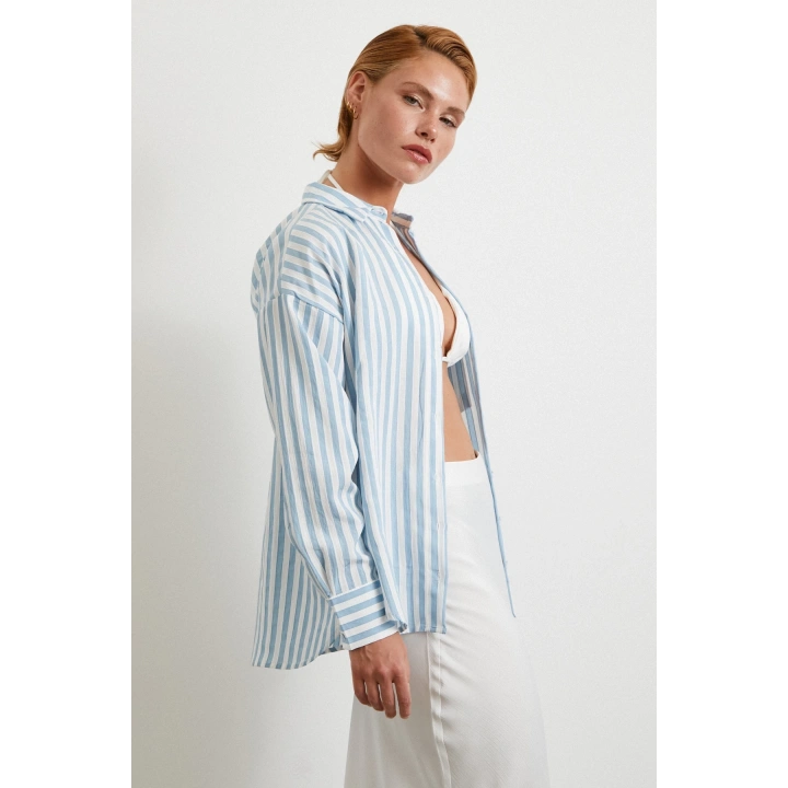 Multi Çizgili Cepli Gömlek Mavi