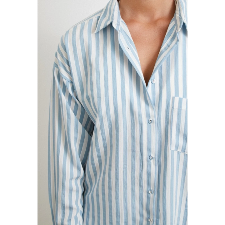 Multi Çizgili Cepli Gömlek Mavi