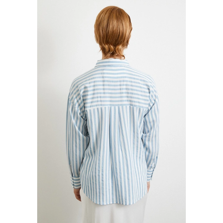 Multi Çizgili Cepli Gömlek Mavi