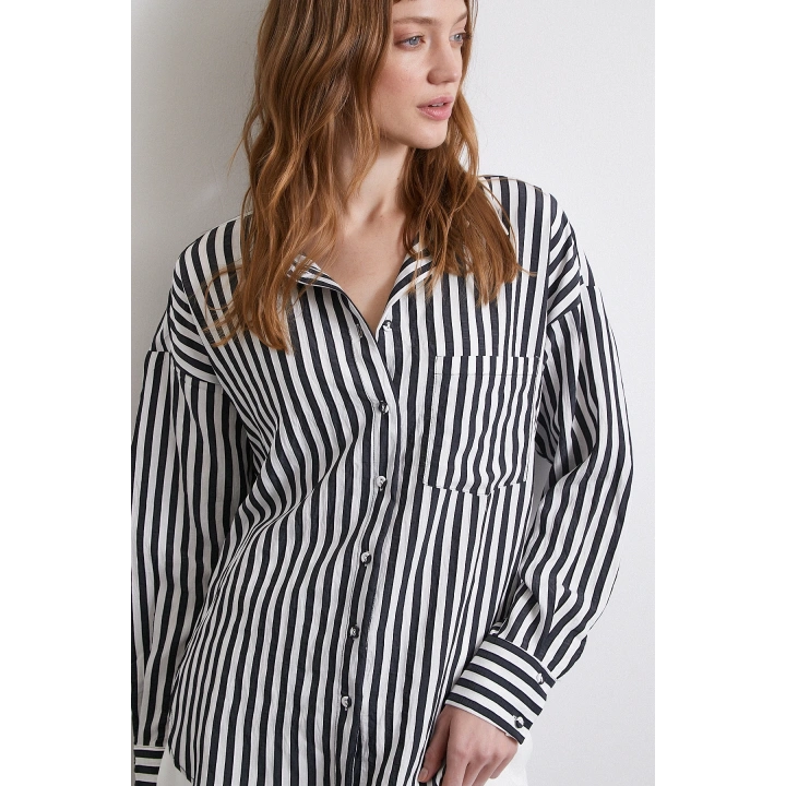 Multi Çizgili Cepli Gömlek Siyah