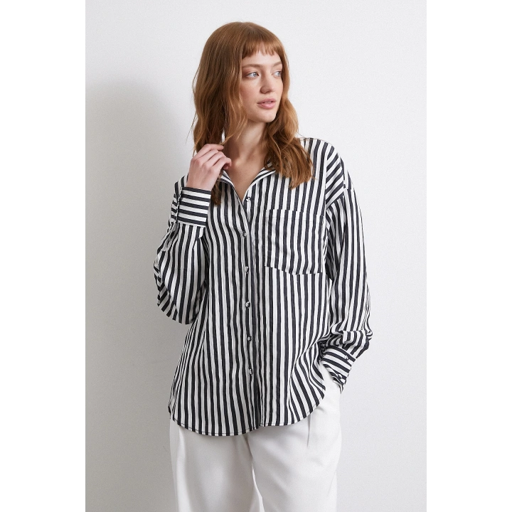 Multi Çizgili Cepli Gömlek Siyah