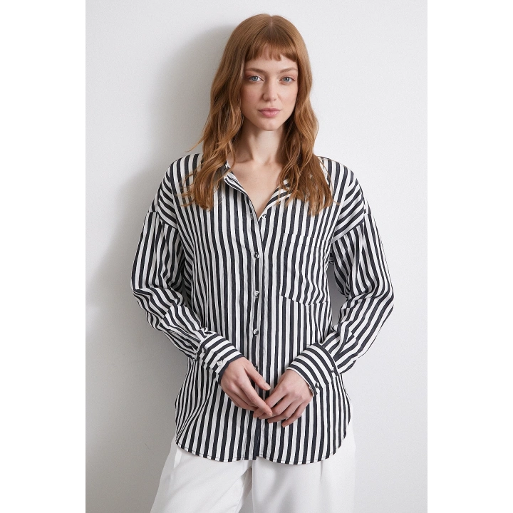 Multi Çizgili Cepli Gömlek Siyah