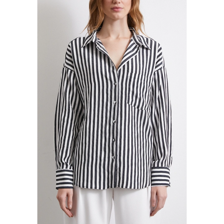 Multi Çizgili Cepli Gömlek Siyah