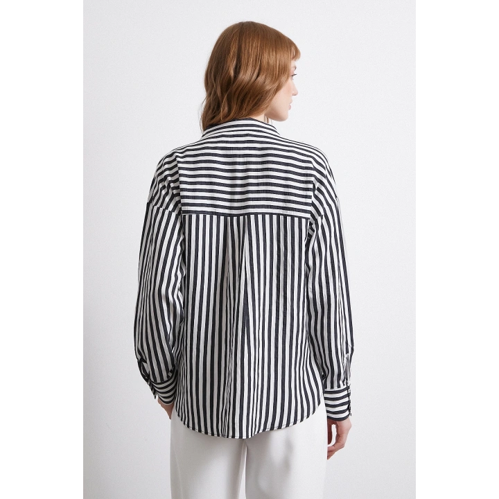 Multi Çizgili Cepli Gömlek Siyah