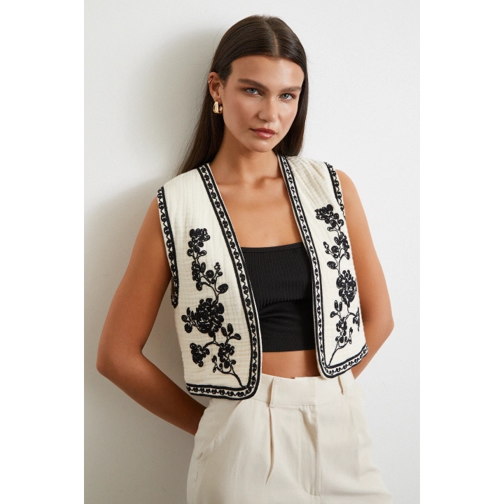 Nakışlı Oversize Yelek Krem