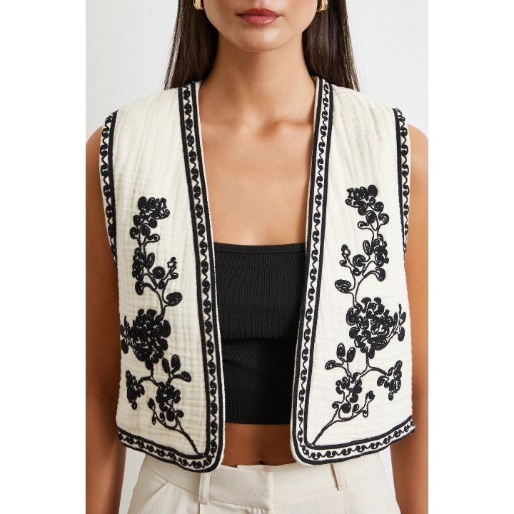 Nakışlı Oversize Yelek Krem