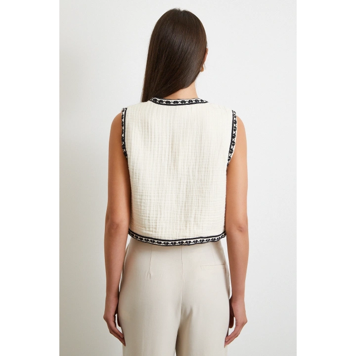 Nakışlı Oversize Yelek Krem