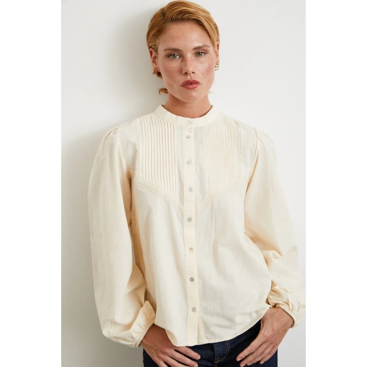 Nervürlü Dantel Detaylı Gömlek Krem