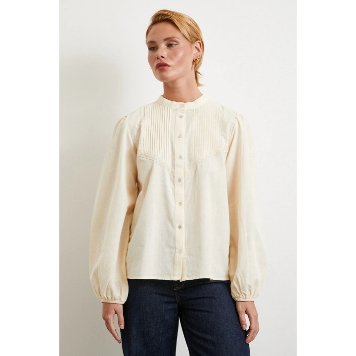 Nervürlü Dantel Detaylı Gömlek Krem