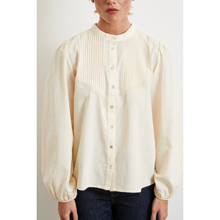 Nervürlü Dantel Detaylı Gömlek Krem