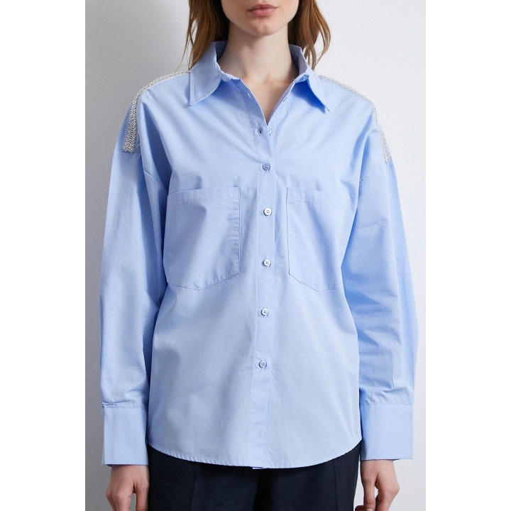 Omuzda Boncuk Detaylı  Oversize Gömlek Mavi