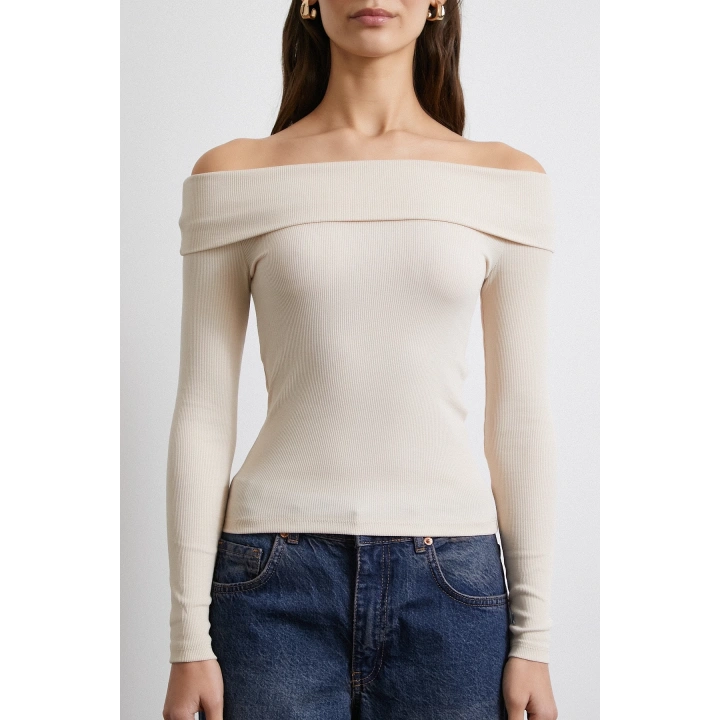 Omzu Açık Kaşkorse Bluz Bej
